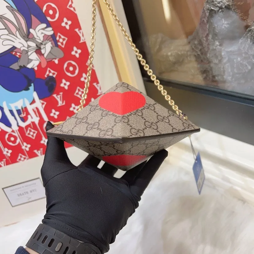 Gucci GG Heart Chain Crossbody Bag Beige Monogram Canvas