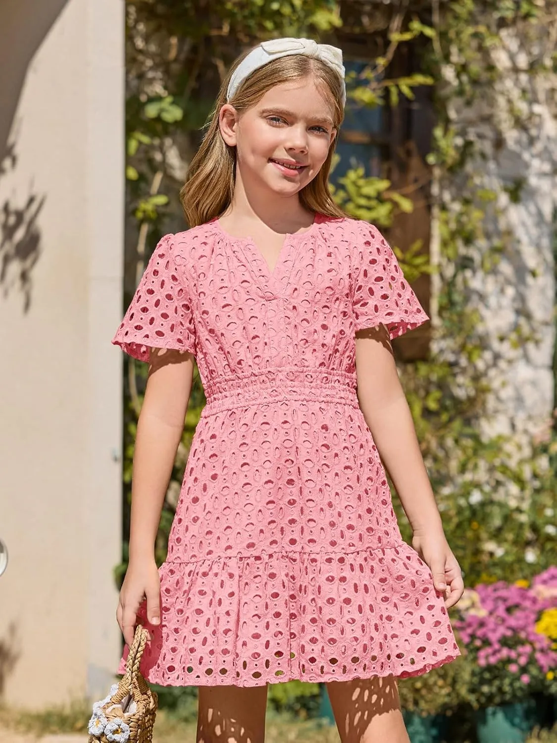 Haloumoning Girls Summer Dresses Kids V Neck A Line Hollow Out Party Mini Dress for 5-14 Years