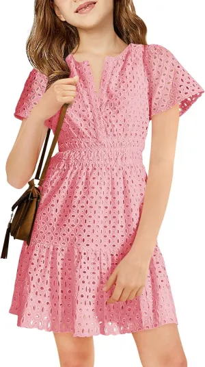 Haloumoning Girls Summer Dresses Kids V Neck A Line Hollow Out Party Mini Dress for 5-14 Years