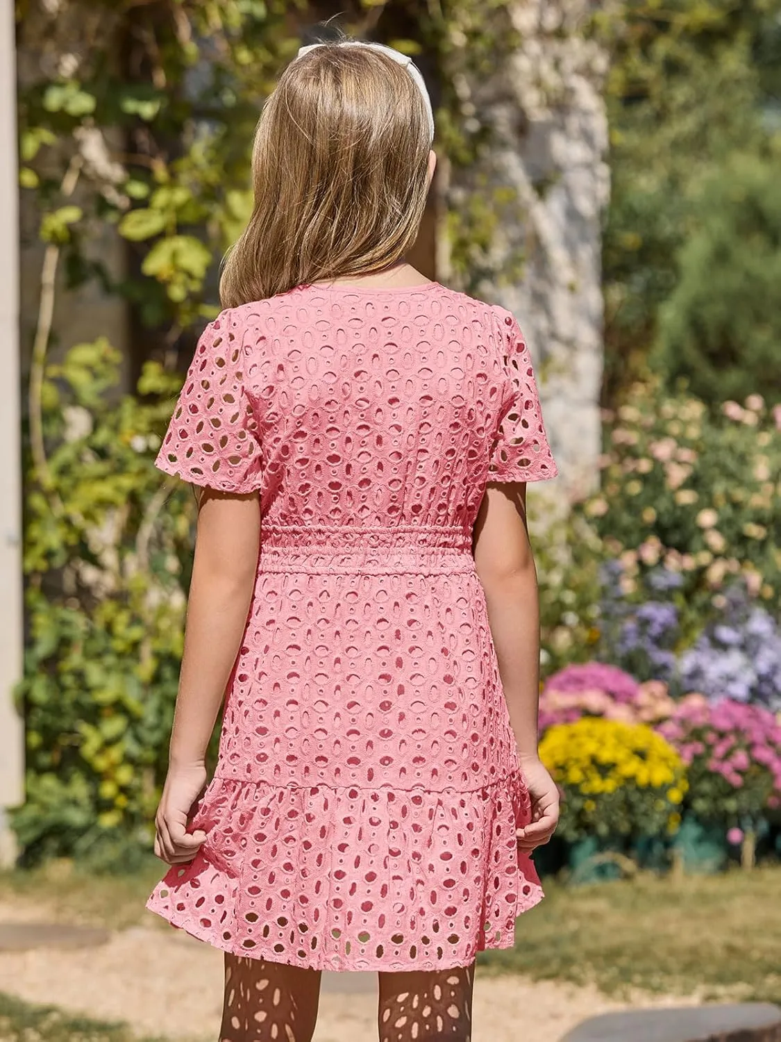 Haloumoning Girls Summer Dresses Kids V Neck A Line Hollow Out Party Mini Dress for 5-14 Years