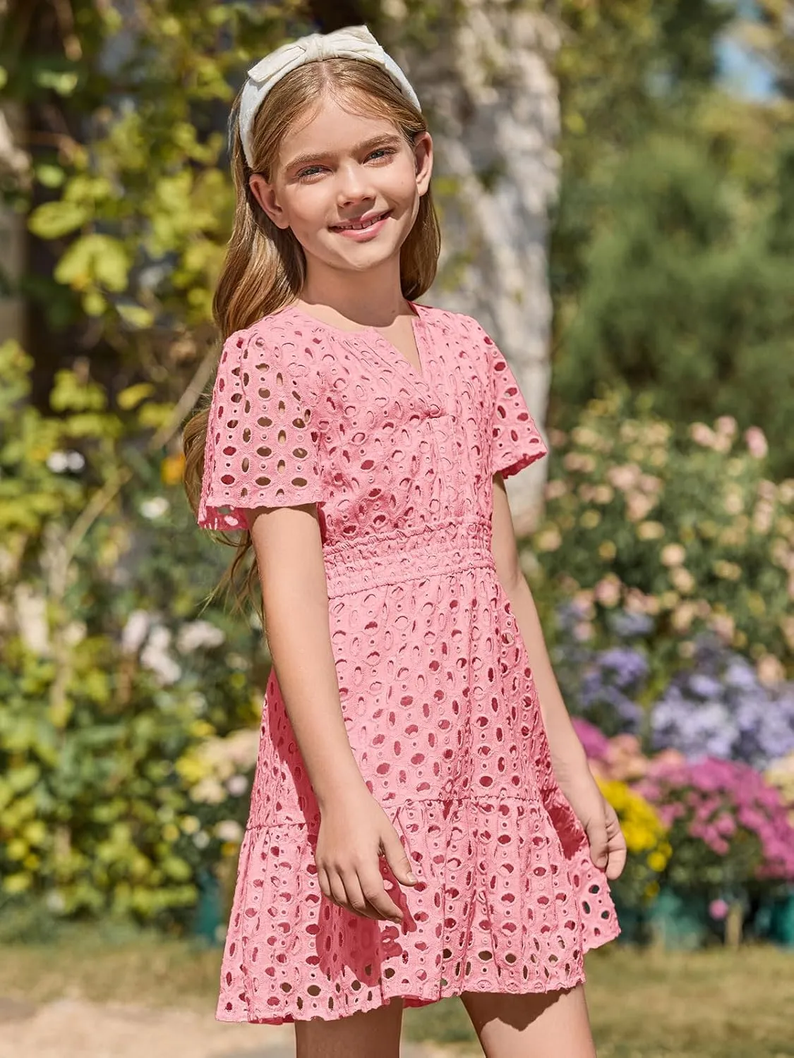 Haloumoning Girls Summer Dresses Kids V Neck A Line Hollow Out Party Mini Dress for 5-14 Years