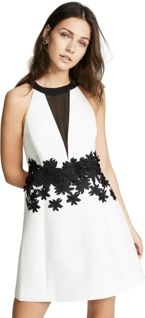 HALSTON Women's Sleeveless Round Neck Dress with Floral Embroidery