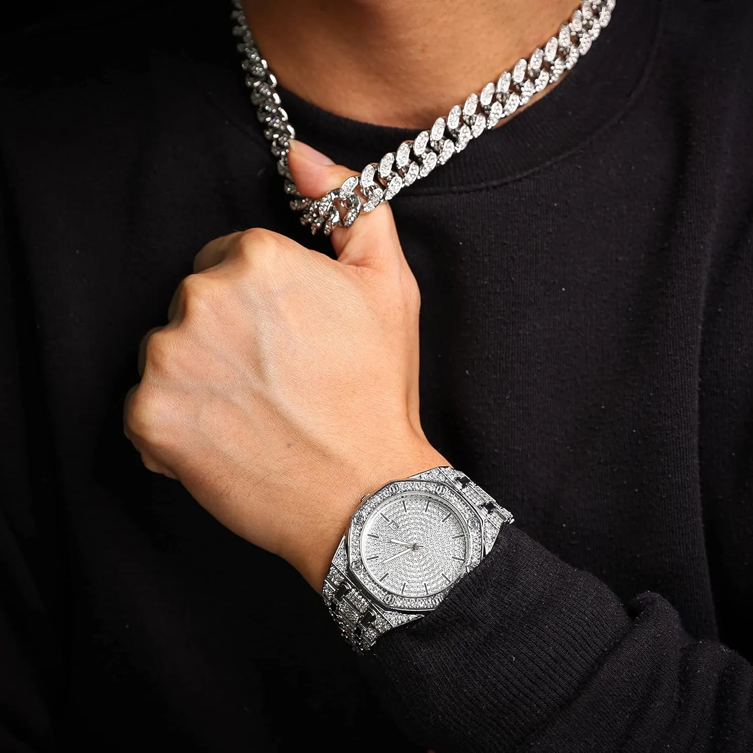 Halukakah Diamond Watch for Men - The Elite - 18K Real Gold/Platinum White Gold Plated & Handset Diamonds Iced Out,40MM Width Octagonal Dial,Wristband 8.7”,Cuban Link Chain 8" 18",Comes with Giftbox
