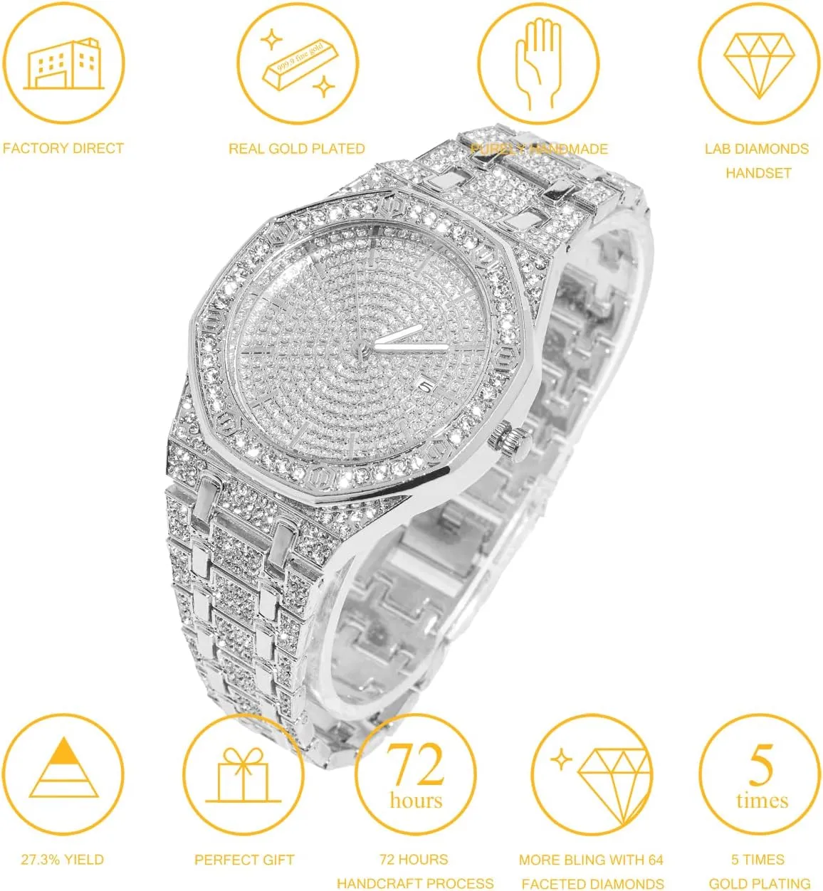 Halukakah Diamond Watch for Men - The Elite - 18K Real Gold/Platinum White Gold Plated & Handset Diamonds Iced Out,40MM Width Octagonal Dial,Wristband 8.7”,Cuban Link Chain 8" 18",Comes with Giftbox