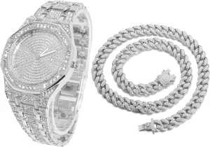 Halukakah Diamond Watch for Men - The Elite - 18K Real Gold/Platinum White Gold Plated & Handset Diamonds Iced Out,40MM Width Octagonal Dial,Wristband 8.7”,Cuban Link Chain 8" 18",Comes with Giftbox