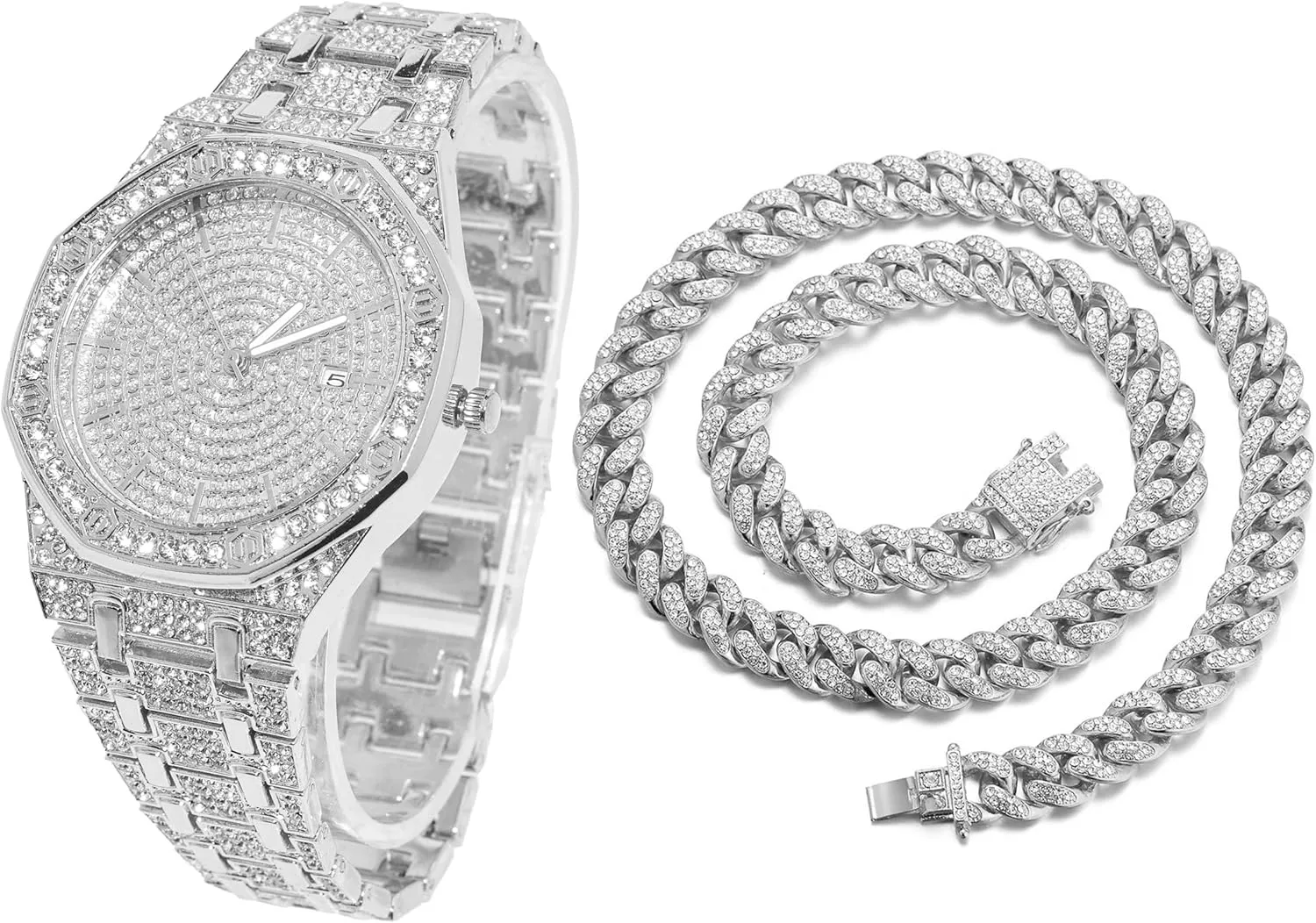 Halukakah Diamond Watch for Men - The Elite - 18K Real Gold/Platinum White Gold Plated & Handset Diamonds Iced Out,40MM Width Octagonal Dial,Wristband 8.7”,Cuban Link Chain 8" 18",Comes with Giftbox