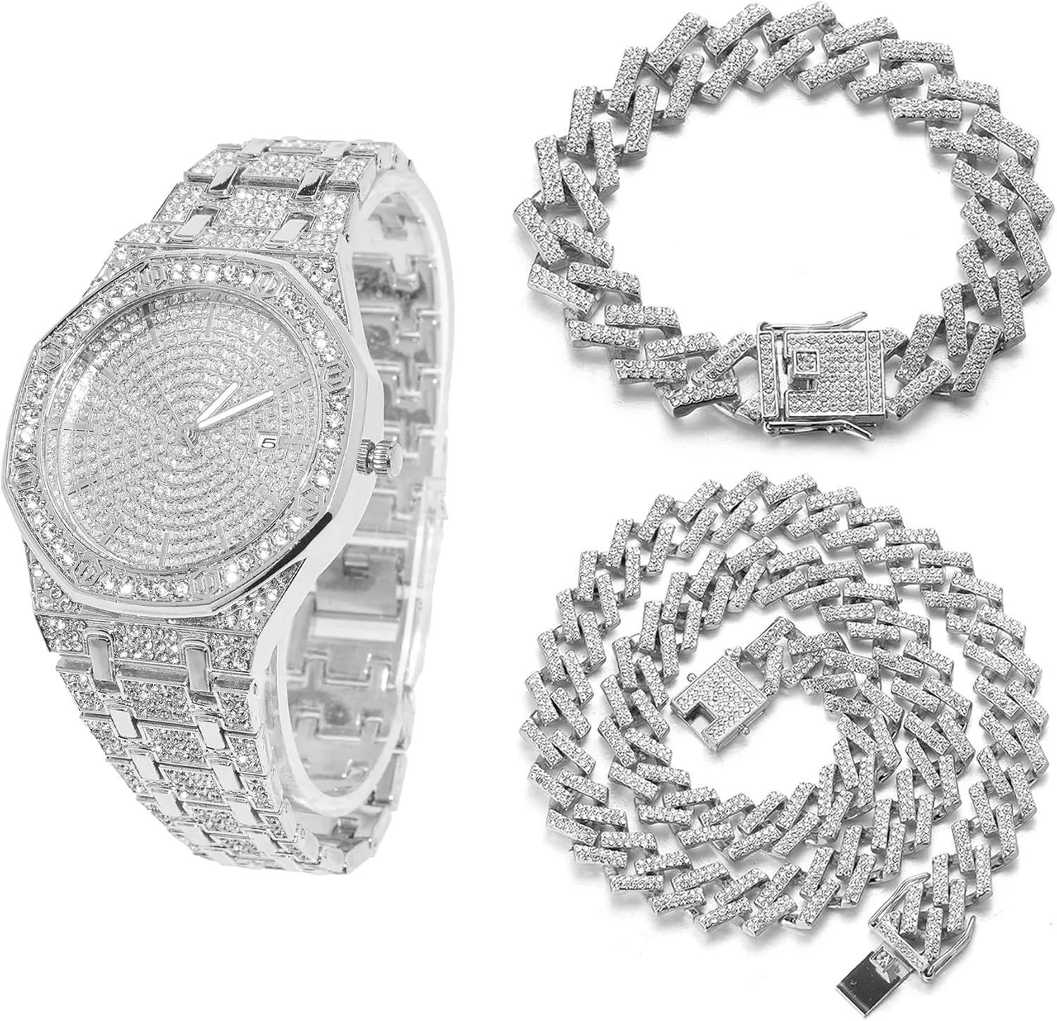 Halukakah Diamonds Gold Watch Iced Out, Men's 18k Real Gold/Platinum White Gold Plated Quartz Wristband 8.7" Octagonal Dial, with Cuban Link Necklace Bracelet Set Options, Free Giftbox