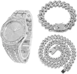 Halukakah Diamonds Gold Watch Iced Out, Men's 18k Real Gold/Platinum White Gold Plated Quartz Wristband 8.7" Octagonal Dial, with Cuban Link Necklace Bracelet Set Options, Free Giftbox