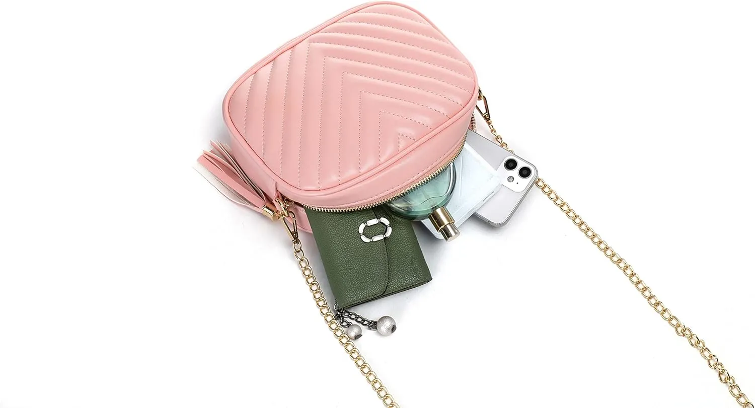 Hanbella Cross body Clutch Purses for Women & Teens - Cute Small Quilted Leather Shoulder Bag with Gold Chain for Girls