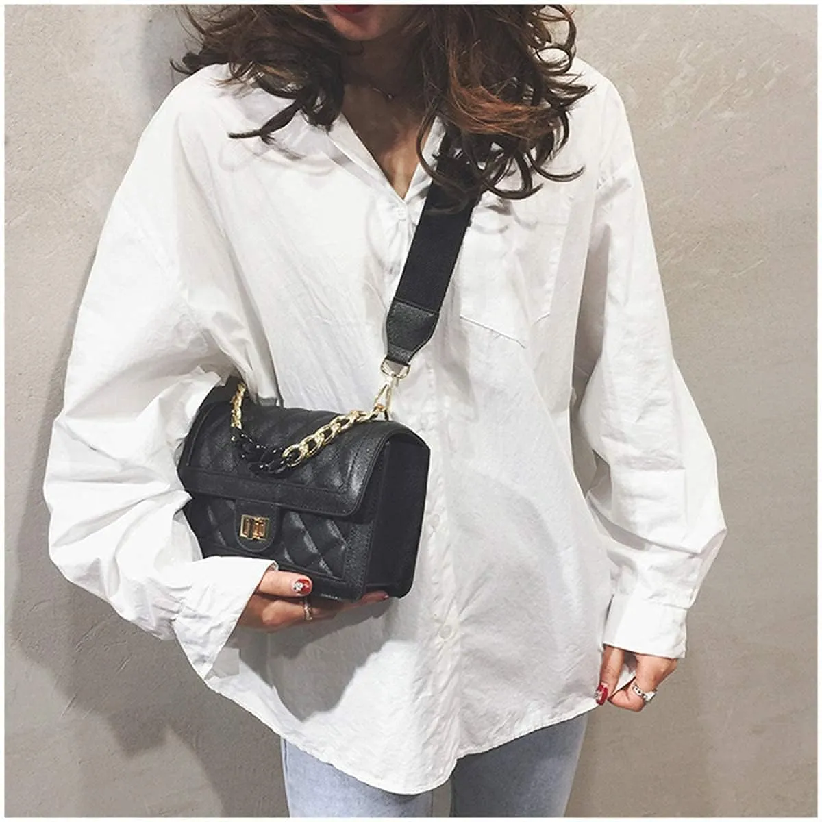 Hanbella Crossbody Purse for Women - Cute Quilted Leather Shoulder Bag with Gold Chain Strap for Teen Girls - Womens Clutch
