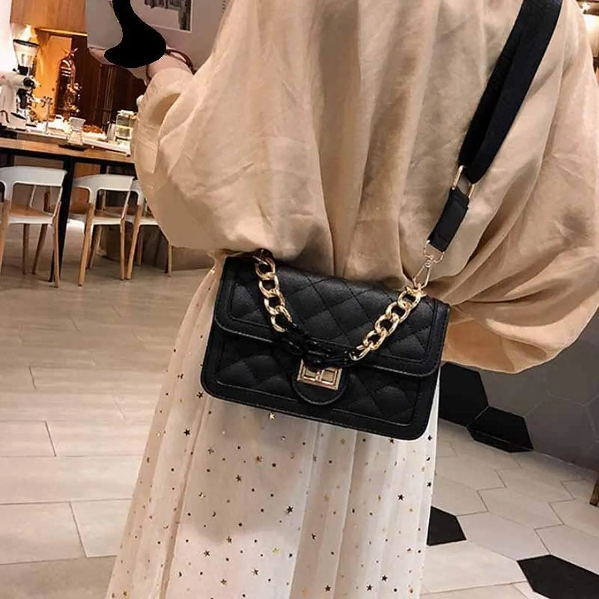 Hanbella Crossbody Purse for Women - Cute Quilted Leather Shoulder Bag with Gold Chain Strap for Teen Girls - Womens Clutch
