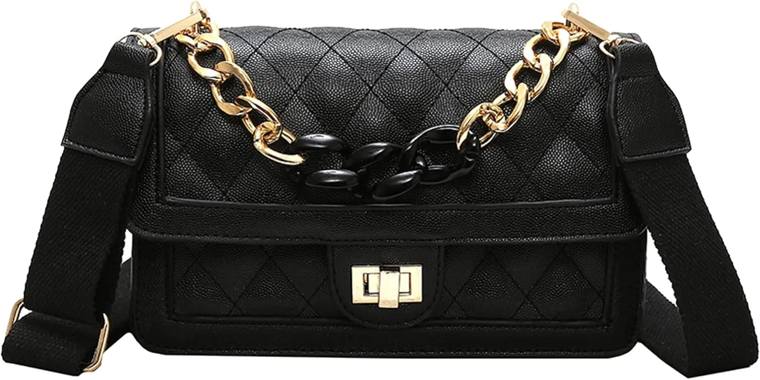 Hanbella Crossbody Purse for Women - Cute Quilted Leather Shoulder Bag with Gold Chain Strap for Teen Girls - Womens Clutch