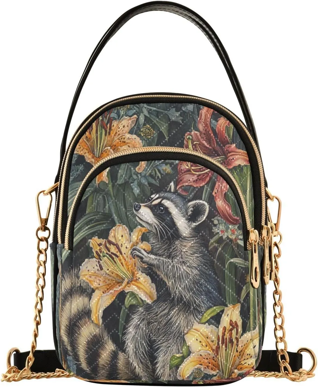 Handbags Stylish Crossbody Handbag with Zipper Shoulder Phone Purse Cell Phone Purse for Women Raccoon and Lily Watercolor Balck