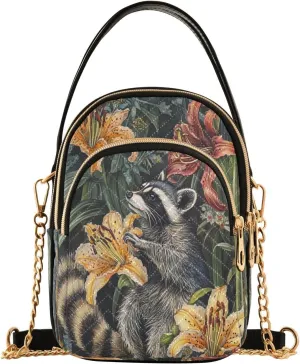 Handbags Stylish Crossbody Handbag with Zipper Shoulder Phone Purse Cell Phone Purse for Women Raccoon and Lily Watercolor Balck