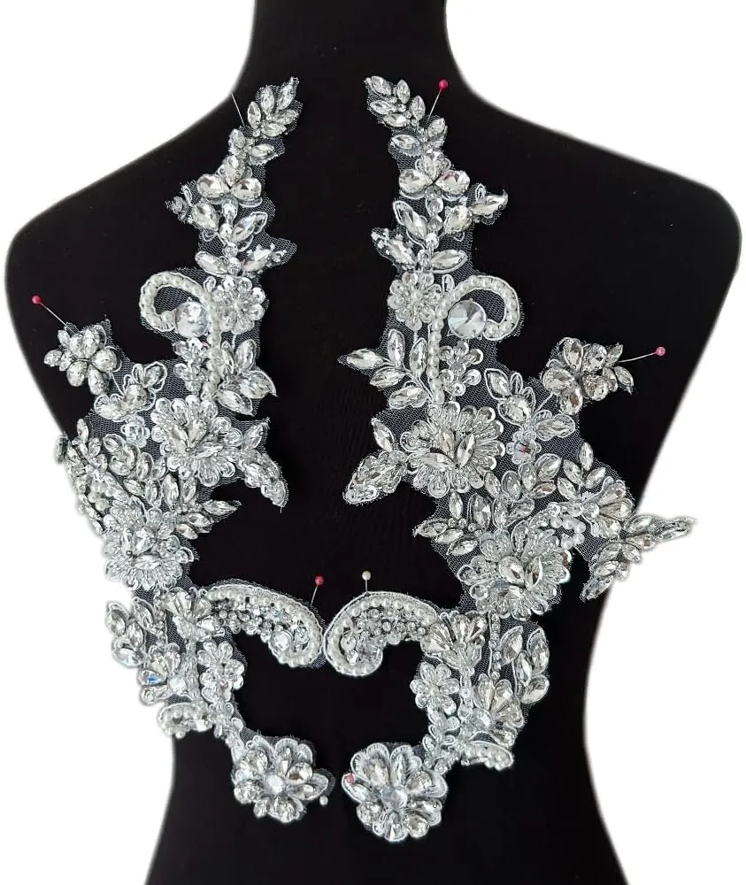 Handmade Rhinestones Applique Silver Glass Stones Beads Bling Bright Crystal White Lace Patches Bodice Accessories for Weding Dress Decorations