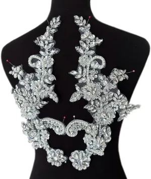 Handmade Rhinestones Applique Silver Glass Stones Beads Bling Bright Crystal White Lace Patches Bodice Accessories for Weding Dress Decorations