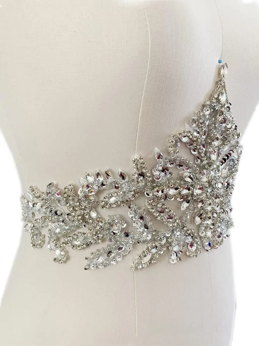 Handmade Rhinestones lace Applique sew on Beads Sequins Patches Accessories for Dress Clothing Waist Trim (Silver)