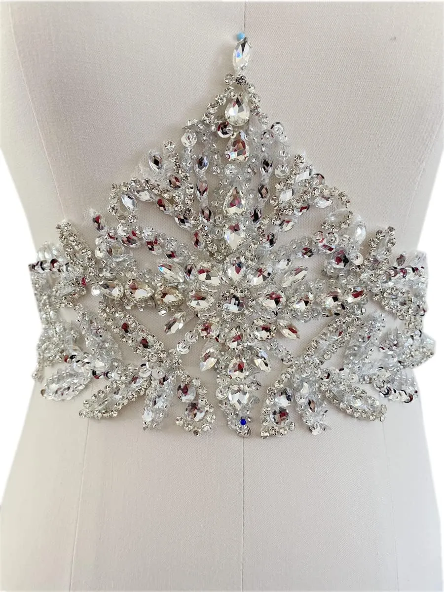 Handmade Rhinestones lace Applique sew on Beads Sequins Patches Accessories for Dress Clothing Waist Trim (Silver)