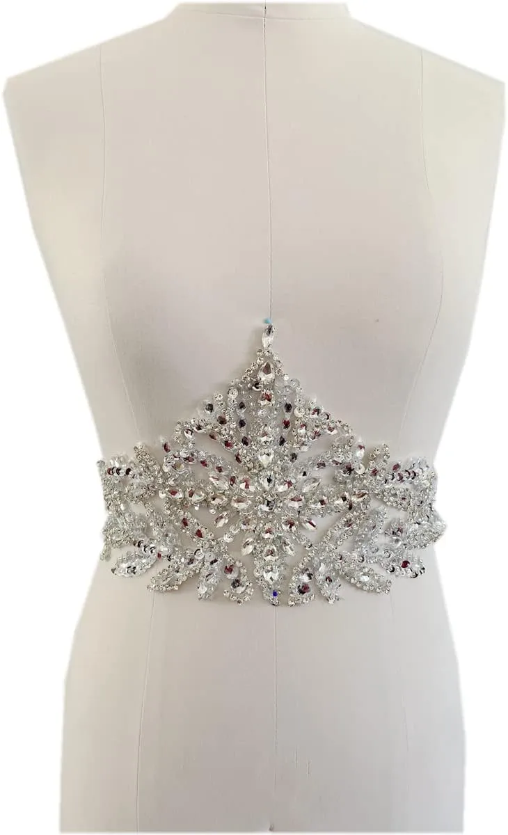 Handmade Rhinestones lace Applique sew on Beads Sequins Patches Accessories for Dress Clothing Waist Trim (Silver)