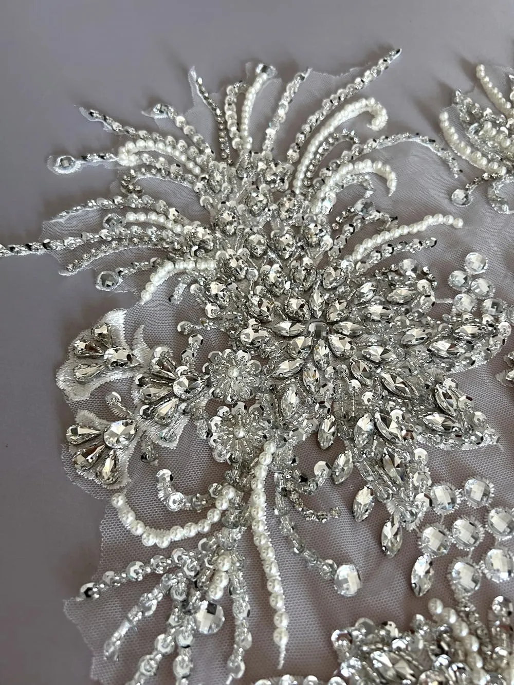 Handmade Rhinestones Lace Bodice Applique Sewing Glass Beads Sequins Crystal Trim Patches Accessory for Dress Clothes 12x26 inch (Silver)