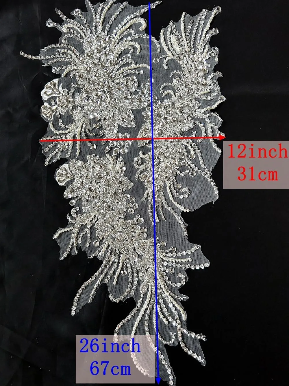 Handmade Rhinestones Lace Bodice Applique Sewing Glass Beads Sequins Crystal Trim Patches Accessory for Dress Clothes 12x26 inch (Silver)