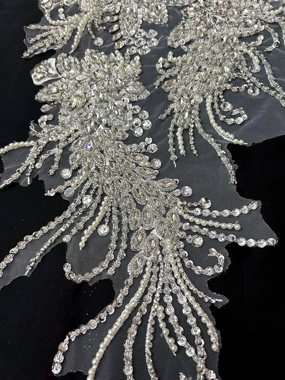 Handmade Rhinestones Lace Bodice Applique Sewing Glass Beads Sequins Crystal Trim Patches Accessory for Dress Clothes 12x26 inch (Silver)