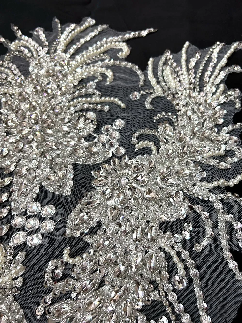 Handmade Rhinestones Lace Bodice Applique Sewing Glass Beads Sequins Crystal Trim Patches Accessory for Dress Clothes 12x26 inch (Silver)