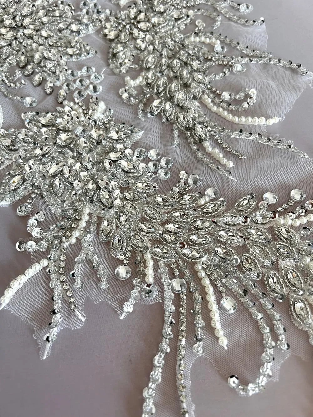 Handmade Rhinestones Lace Bodice Applique Sewing Glass Beads Sequins Crystal Trim Patches Accessory for Dress Clothes 12x26 inch (Silver)