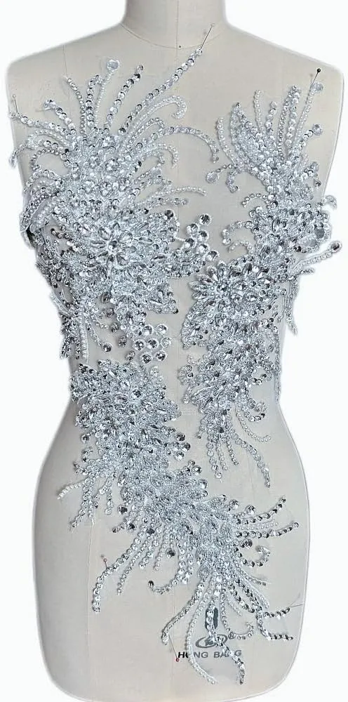 Handmade Rhinestones Lace Bodice Applique Sewing Glass Beads Sequins Crystal Trim Patches Accessory for Dress Clothes 12x26 inch (Silver)