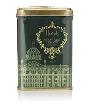 Harrods London Tin Caddy, Breakfast Strong, 50 Tea Bags 125 Grams 4.4 Ounce Tin Caddy (1 Pack)