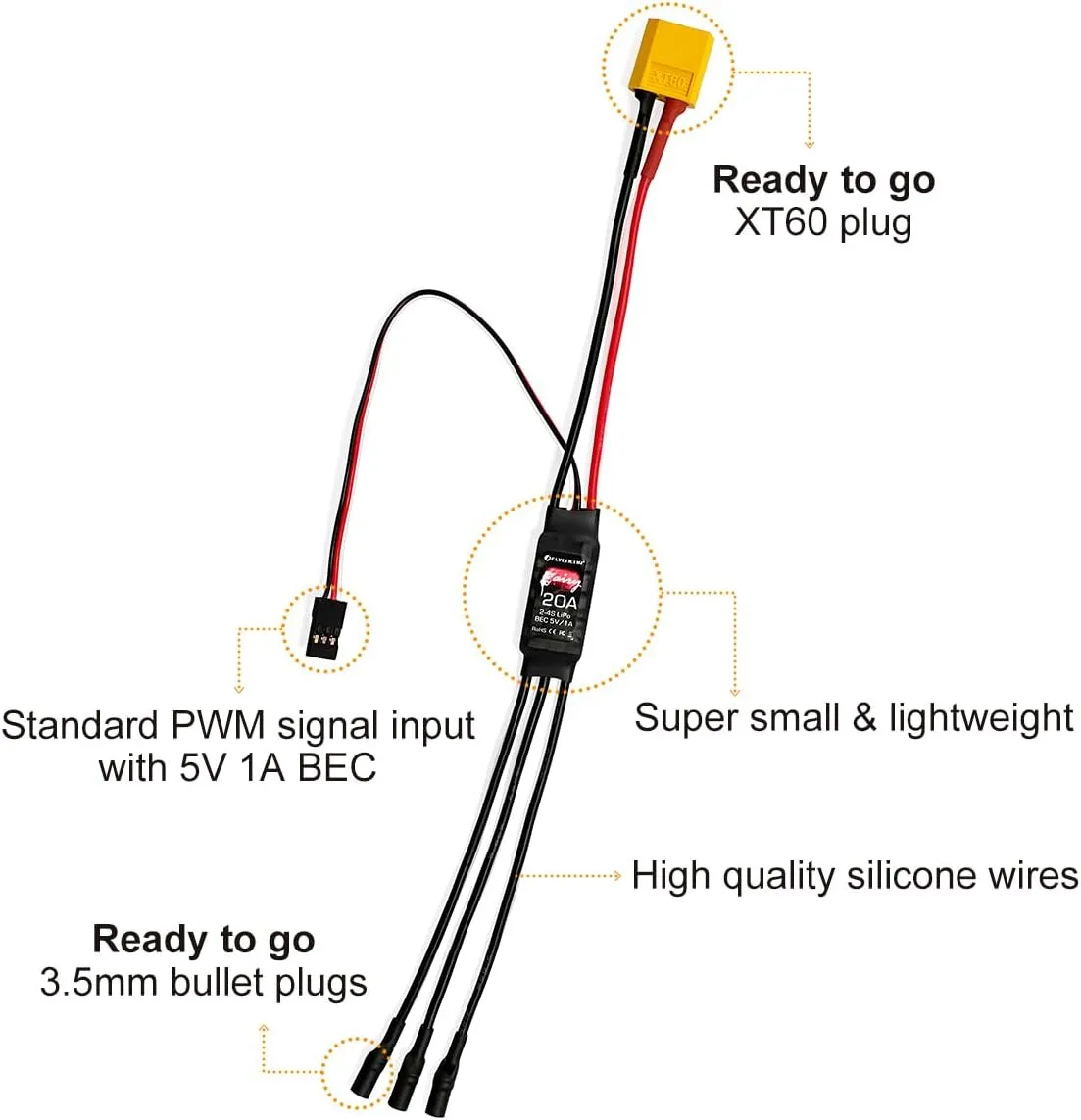 HAWK'S WORK Brushless ESC, Super Light & Small Size 20A Electric Speed Controller with 5V1A BEC for Multi-Rotor Drone RC Airplane (4 Pack)