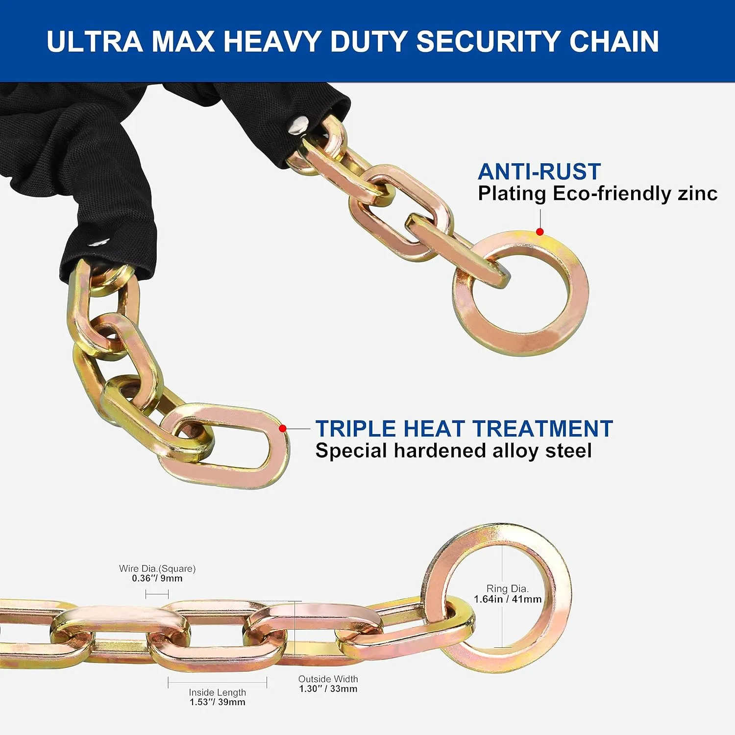 Heavy Duty Security Chain with Hidden Shackle Lock, 6 Foot x 3/8" Thick Hardened Steel Cut-Proof Anti-Theft Chain & Puck Lock for Motorcycles, Bikes, Trailers, Fences, Containers