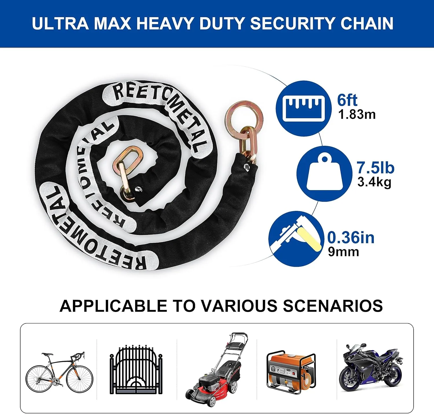 Heavy Duty Security Chain with Hidden Shackle Lock, 6 Foot x 3/8" Thick Hardened Steel Cut-Proof Anti-Theft Chain & Puck Lock for Motorcycles, Bikes, Trailers, Fences, Containers