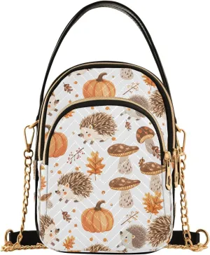 Hedgehog Pumpkin Mushroom Maple Leaf Crossbody Bag for Women Mini Cell Phone Purse Women's Shoulder Handbag