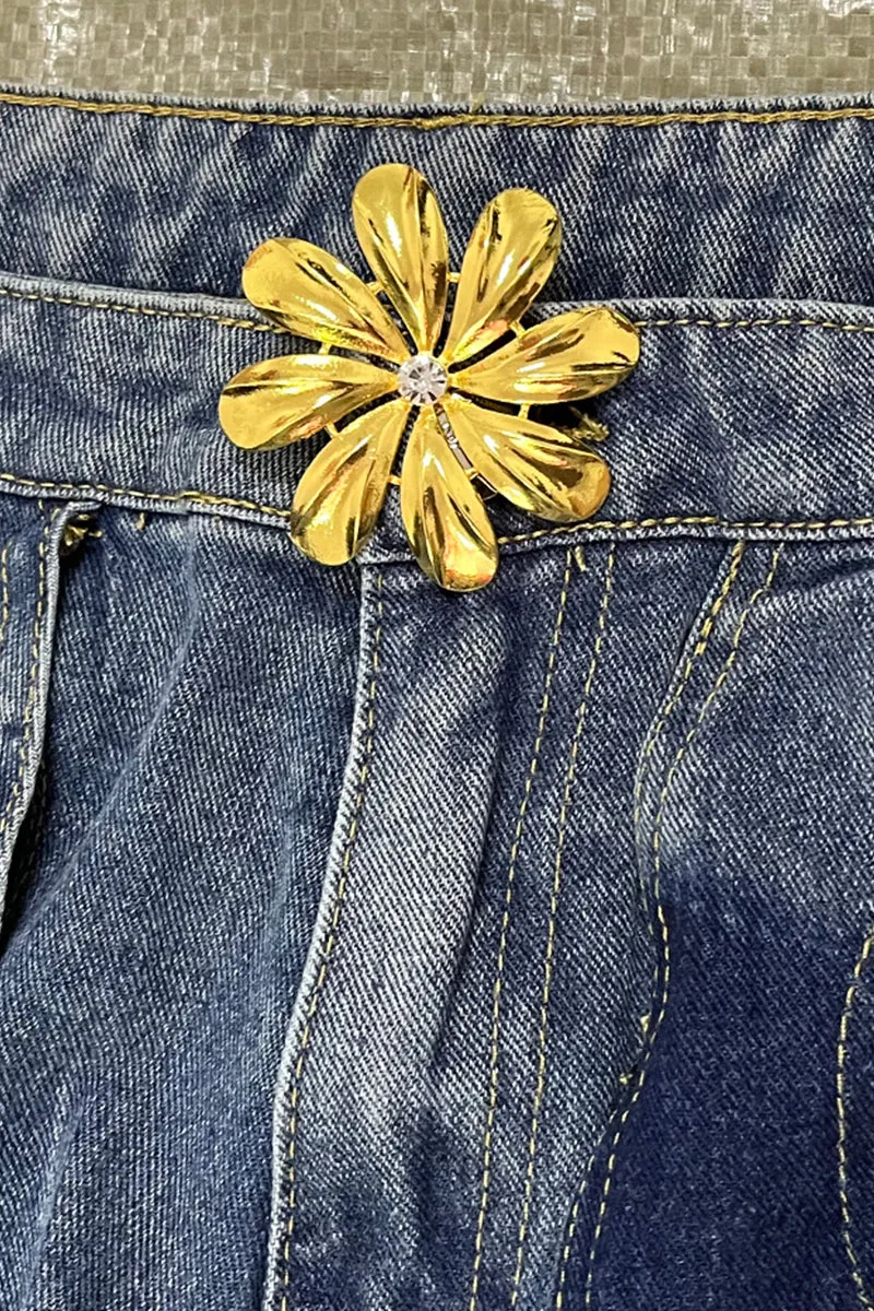 High-Waisted Straight-Leg Denim Jeans with Solid Hollow-Out