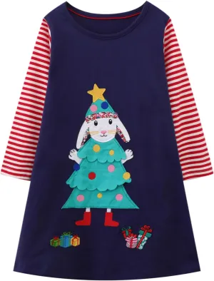 HILEELANG Girl Long Sleeve Dress Cotton Casual Applique Christams Tunic Shirt Clothes