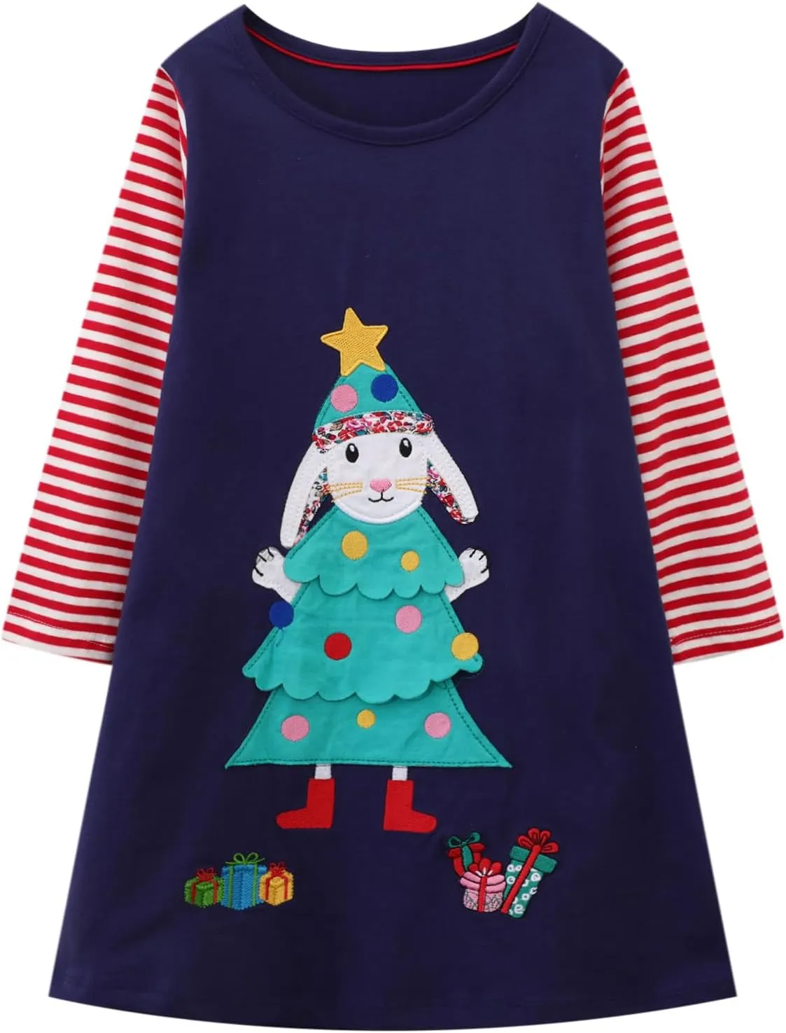 HILEELANG Girl Long Sleeve Dress Cotton Casual Applique Christams Tunic Shirt Clothes