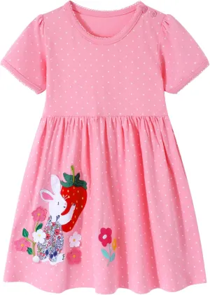 HILEELANG Toddler Girl Short Sleeve Easter Dress Cotton Casual Jersey Shirt Playwear Applique Dress