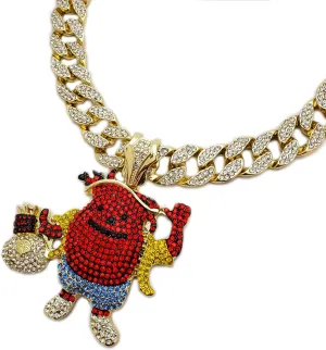 Hip Hop KOOL AID MAN Holding Money Bag Pendant & 18" Iced Cuban Link Choker Chain Necklace