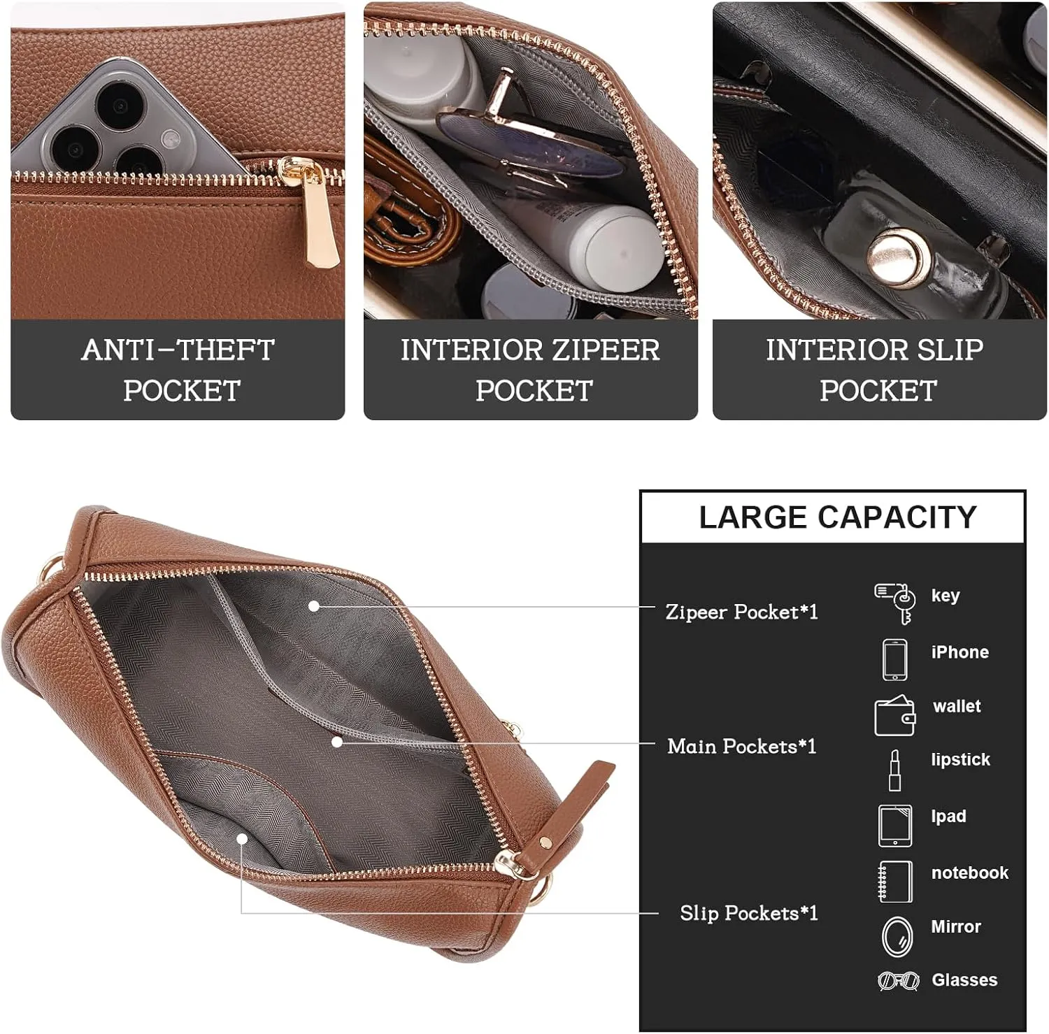 HKCLUF Crossbody Bags Purses for Women Trendy,Vegan Leather Medium Crossbody Purse,Shoulder Bag with 2PCS Adjustable Strap