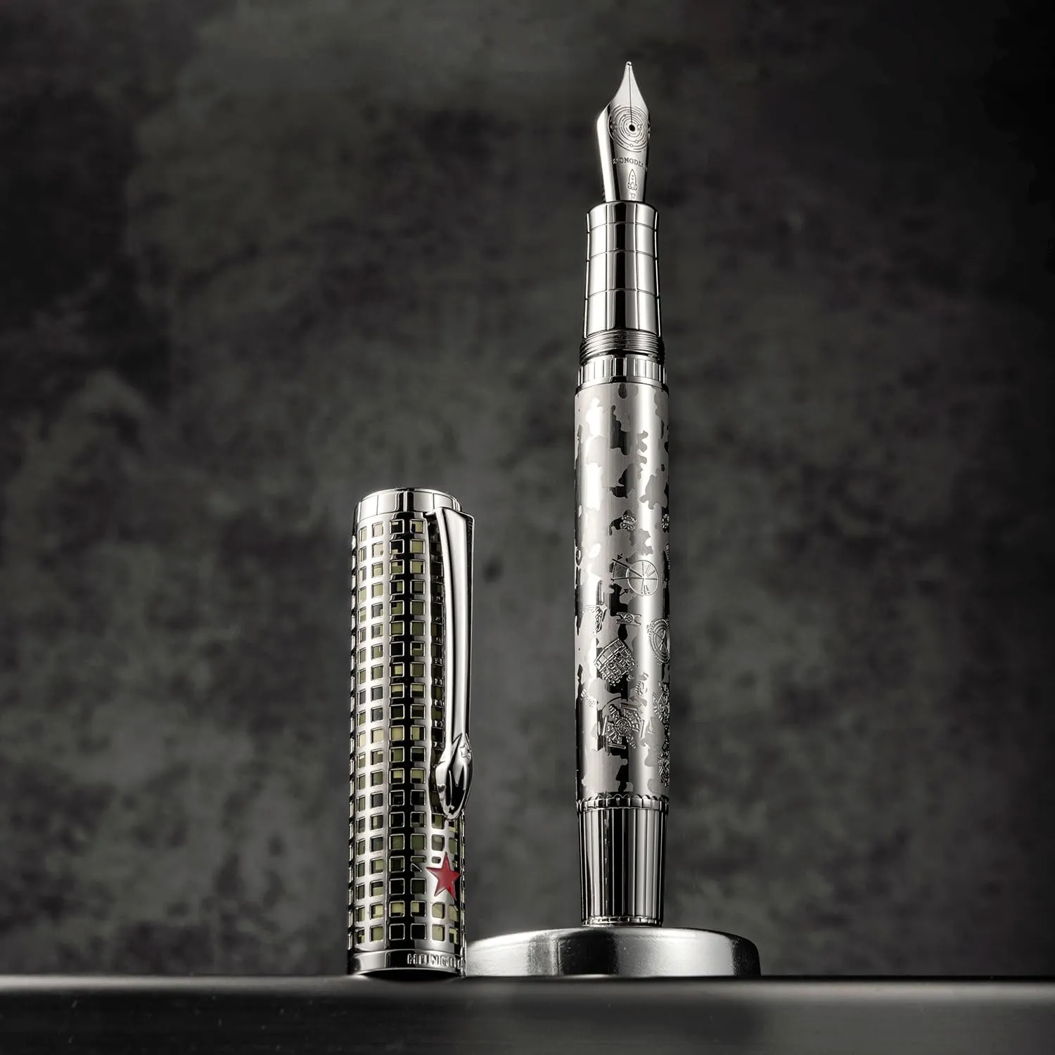 Hongdian WA35 Fountain Pen Fine Nib, Holow Skeleton & Satellite Pattern Engraving Design with Metal Case Set