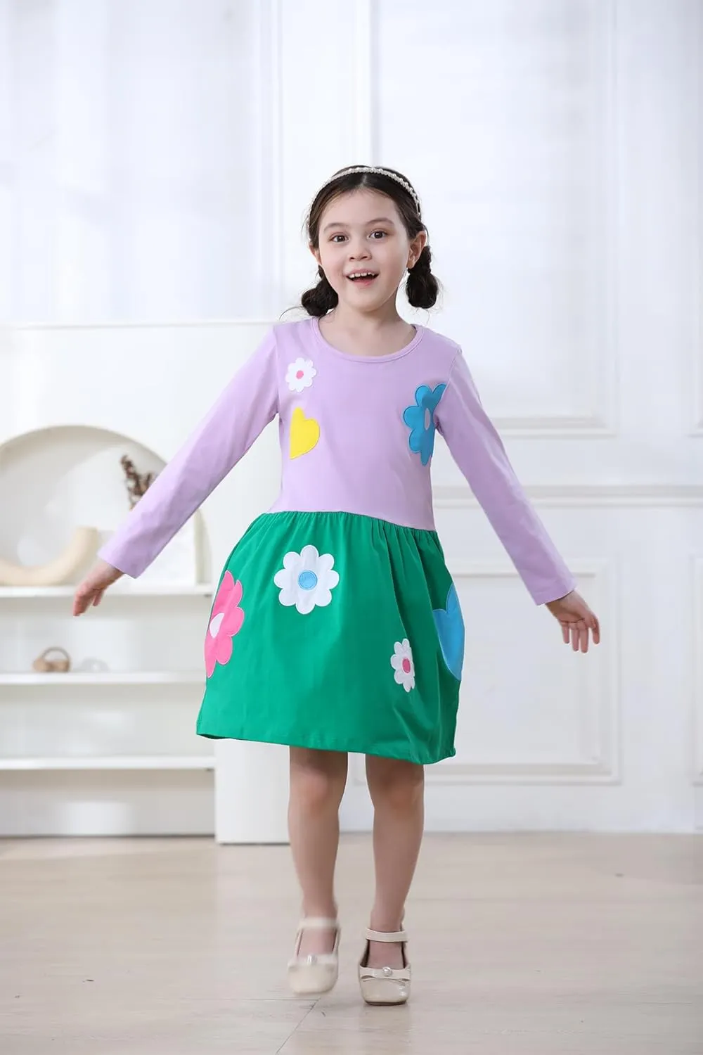 Hongshilian Girls Cartoon Dress Applique Party Dresses Casual Jersey Cotton Long-Sleeved