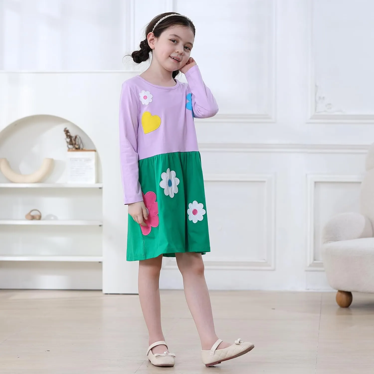 Hongshilian Girls Cartoon Dress Applique Party Dresses Casual Jersey Cotton Long-Sleeved