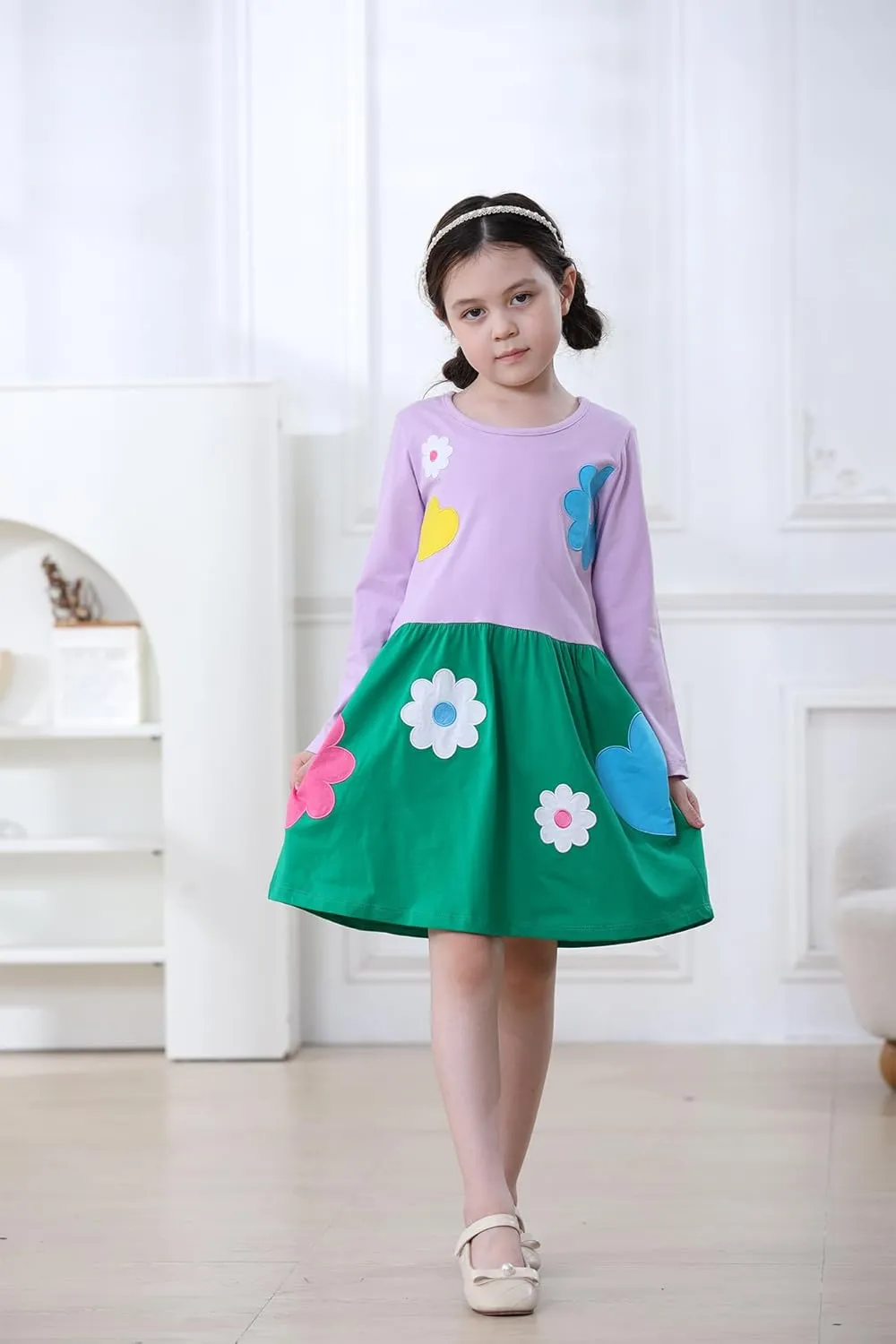 Hongshilian Girls Cartoon Dress Applique Party Dresses Casual Jersey Cotton Long-Sleeved
