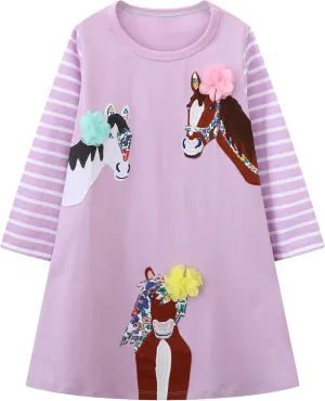 Hongshilian Girls Cartoon Dress Applique Party Dresses Casual Jersey Cotton Long-Sleeved