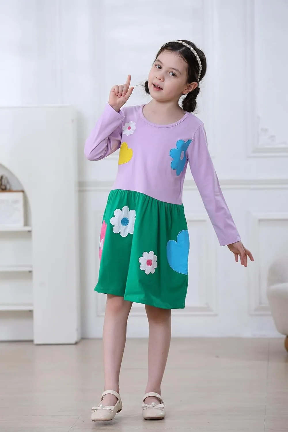 Hongshilian Girls Cartoon Dress Applique Party Dresses Casual Jersey Cotton Long-Sleeved