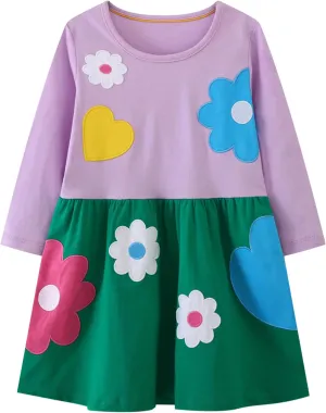 Hongshilian Girls Cartoon Dress Applique Party Dresses Casual Jersey Cotton Long-Sleeved
