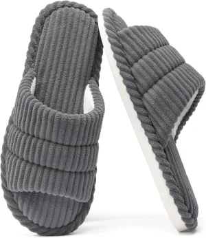 House Slippers for Women Corduroy Cross Band Slippers Open Toe Bedroom Indoor Shoes with Memory Foam
