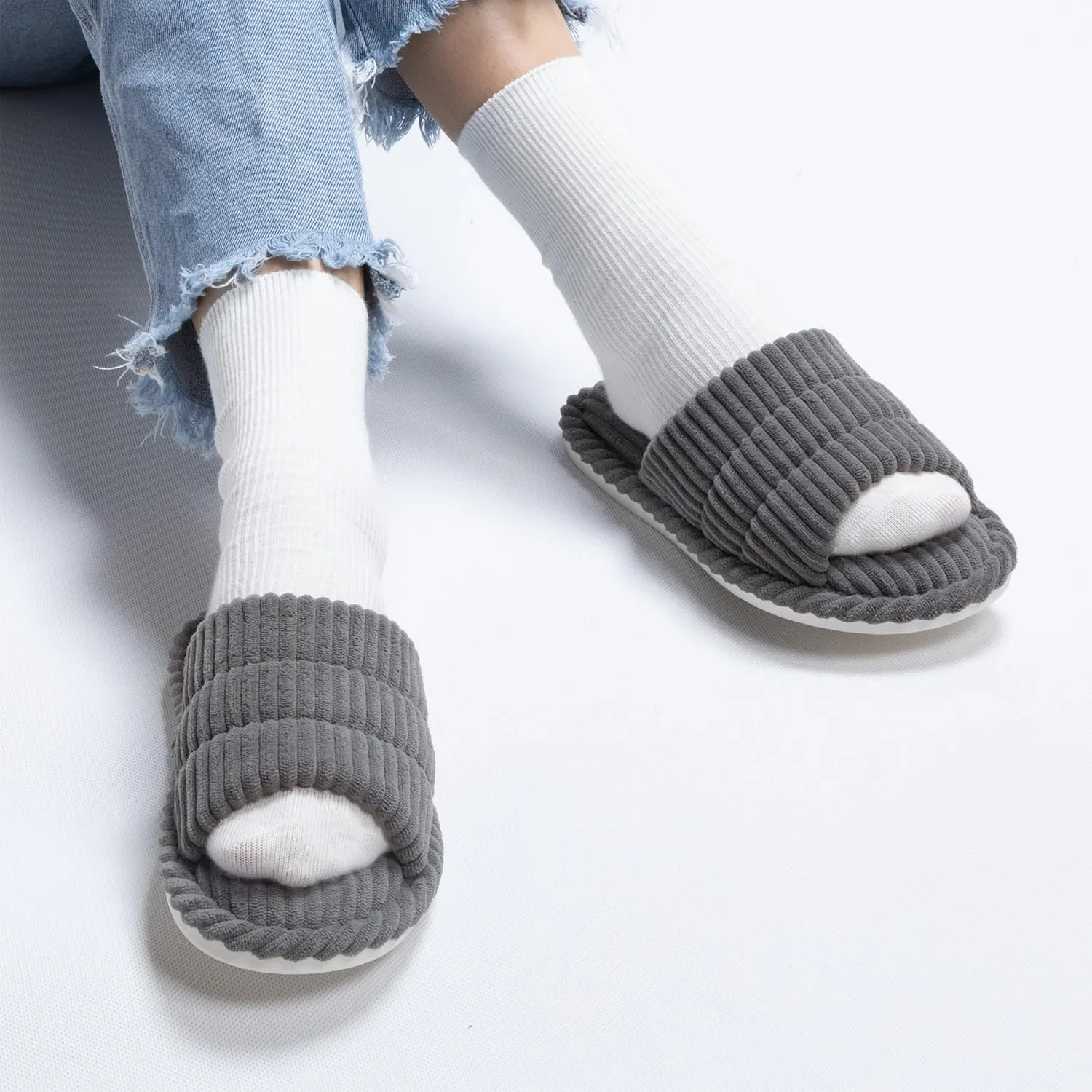 House Slippers for Women Corduroy Cross Band Slippers Open Toe Bedroom Indoor Shoes with Memory Foam