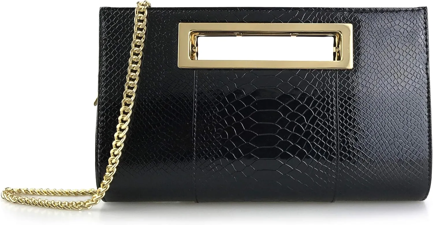 HOXIS Classic Crocodile Pattern Faux Leather Metal Grip Cut it out Clutch with Shoulder Strap Womens Handbag
